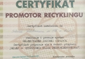 Certyfikat - udział w programie "Sklep - Wysypisko: Ulica jednokierunkowa"