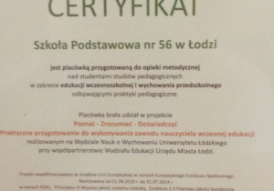 Certyfikat - udział w projekcie "Poznać- Zrozumieć- Doświadczyć"