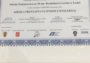 Certyfikat - "Szkoła przyjazna uczniom z dysleksją"