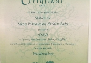 Certyfikat - udział w programie "Zielony Certyfikat"