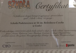 Certyfikat - udział w akcji "Szkoła z klasą"