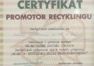 Certyfikat - udział w programie "Sklep - Wysypisko: Ulica jednokierunkowa"